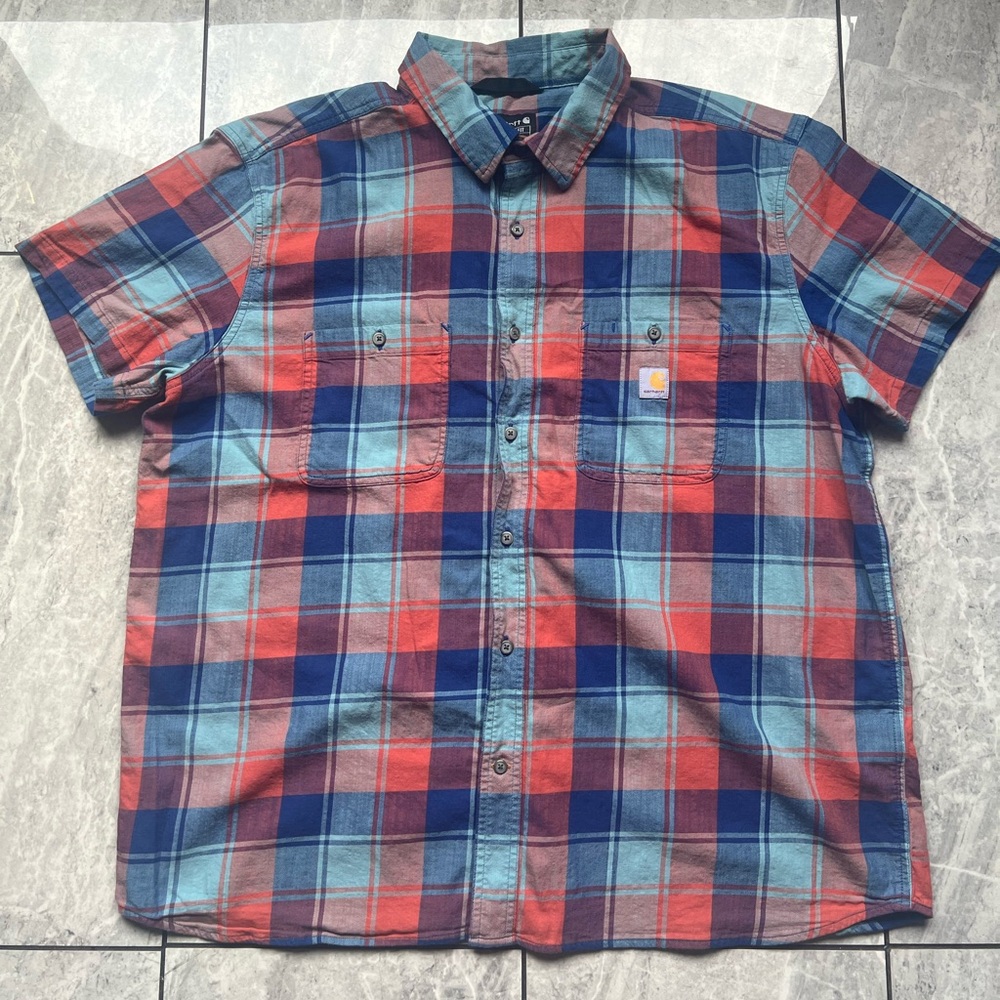 Carhartt Mens Red/Blue Short Sleeve ButtonUp Plaid Shirt Logo W/Pocket Relax 2XL